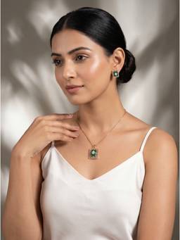 Saraf RS Jewellery - Women Rose Gold Plated American Diamond Green Stone Square Necklace with Earrings