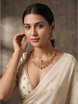 Saraf RS Jewellery - Women Gold Plated Pink and Green Kundan Stone Studded Necklace with Earrings