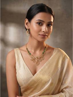 Saraf RS Jewellery - Women Antique Gold Plated Kundan Green Stone Temple Necklace with Earrings