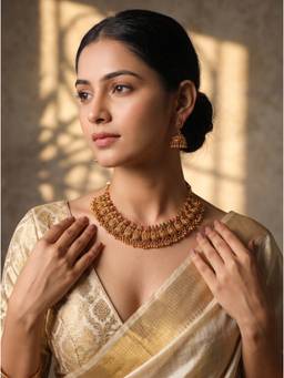 Saraf RS Jewellery - Women Antique Gold Plated Red Kundan Temple Jhumka Necklace with Earrings