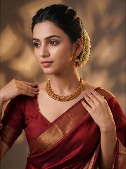 Saraf RS Jewellery - Women Antique Gold Plated Kundan Plain Temple Necklace with Earrings