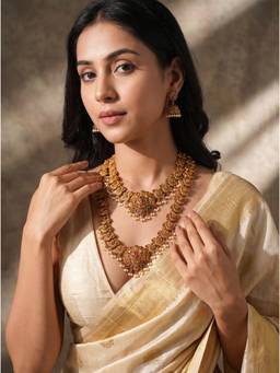 Saraf RS Jewellery - Women Antique Gold Plated Multicolour Kundan Layered Temple Haar Set