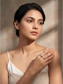 Saraf RS Jewellery - Women Rose Gold Plated American Diamond Two-Finger Flower Ring