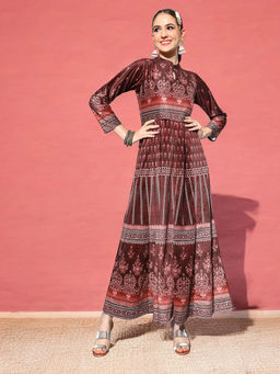 Ahalyaa - Women Burgundy Velvet Digital Print Dress