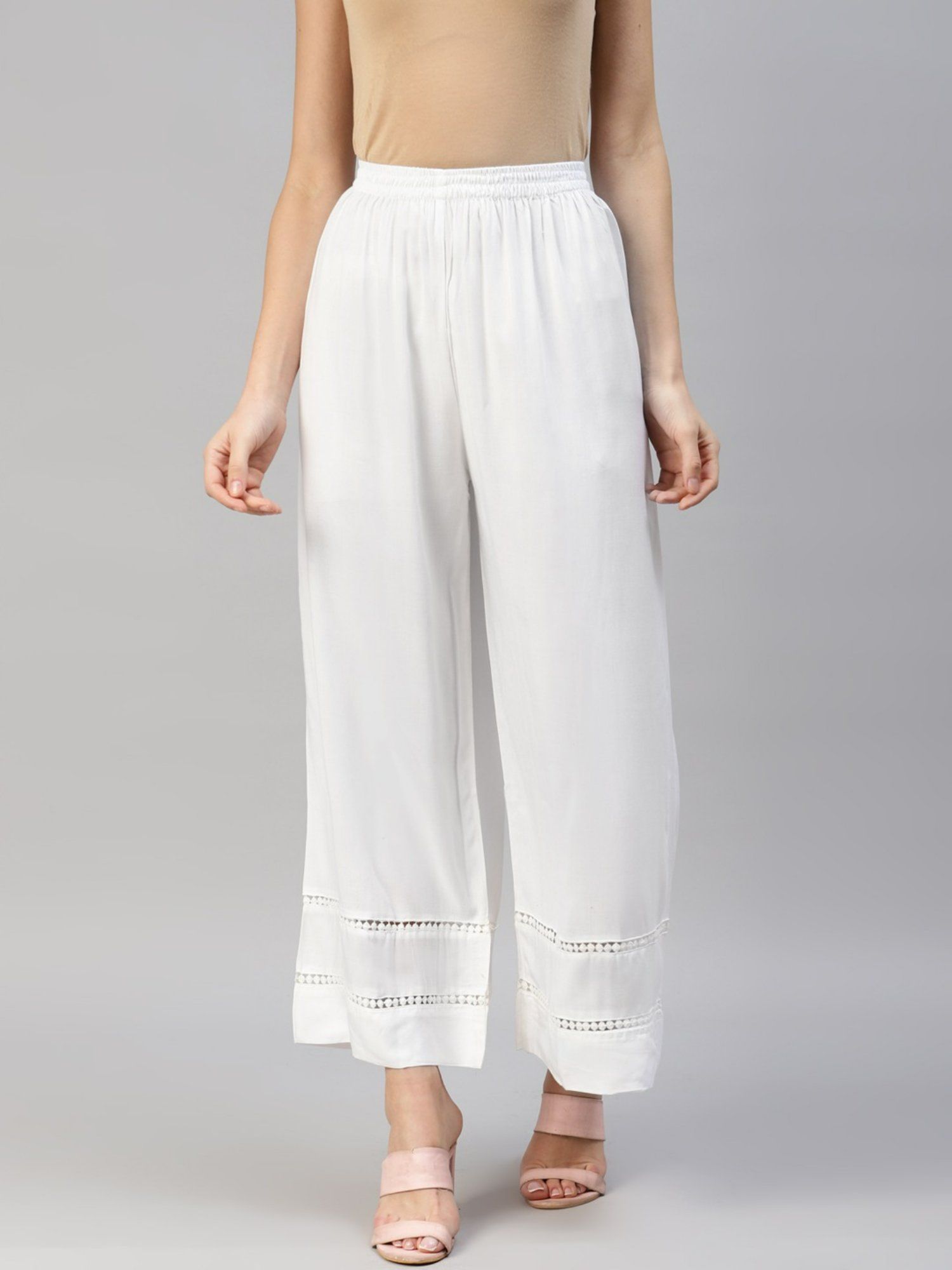 Women Rayon Fabric White Solid Palazzo