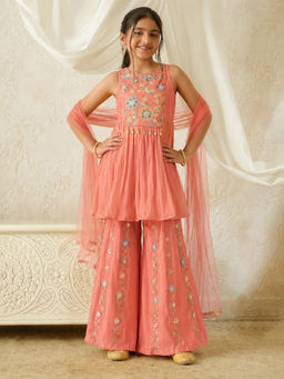 devils n angels - Peach Embroidered Kurta and Sharara With Dupatta