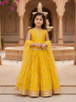 devils n angels - Yellow Floral Butti Lehenga and Choli With Dupatta