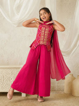 devils n angels - Rani Pink Bandhani Embroidered Top and Sharara with Dupatta
