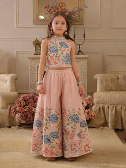 devils n angels - Peach Floral Party Wear Crop Top and Sharara with Dupatta