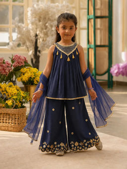 devils n angels - Golden Tassel Neck Navy Blue Kurta and Sharara with Dupatta