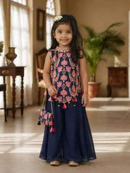 devils n angels - Navy Blue Embroidered Kurti and Sharara With Sling Bag