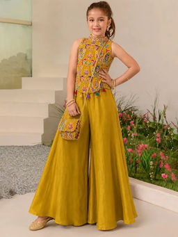 devils n angels - Mustard Sequin Embroidered Top and Sharara With Sling Bag
