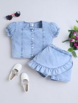 Bright Star Kids Wear - Girls Denim Puff Sleeve Wrap Co-Ord Set