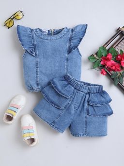 Bright Star Kids Wear - Girls Denim Ruffle Sleeves Co-Ord Set