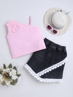 Bright Star Kids Wear - Girls Sleeveless Pink Top With Bow Lace and Skirt - Black