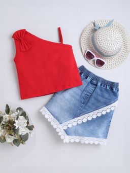 Bright Star Kids Wear - Girls Sleeveless Red Top With Bow Denim Lace Skirt - Blue