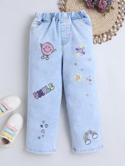 Bright Star Kids Wear - Girls Blue With Graphic Print Denim Jeans