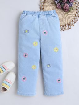 Bright Star Kids Wear - Girls Blue With Floral Embroidered Denim Jeans