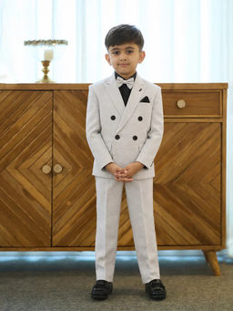 devils n angels - Grey Double-Breasted 1 Blazer-Shirt and Pant with Brooch, Bow Tie
