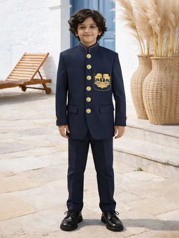 devils n angels - Navy Blue Jodhpuri Elephant Embroidery Sherwani and Trousers