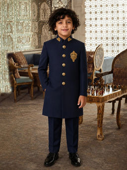 devils n angels - Designer Navy Blue Embroidered Sherwani and Trousers