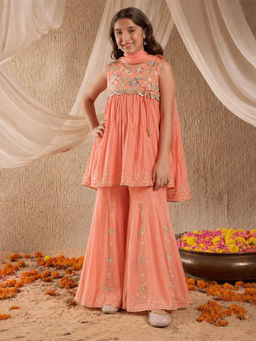 devils n angels - Peach Floral Embroidered Kurta and Sharara with Dupatta