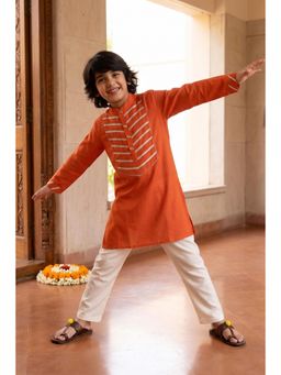 Tales & Stories - Boys Orange And Cream Kurta Pyjama Set