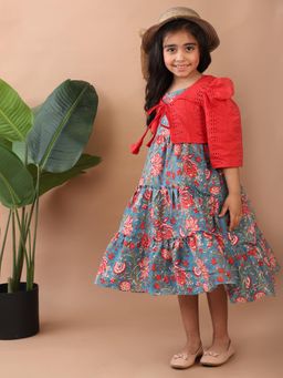 Kinder Kids - Blue Printed Katha Dress With Red Hakoba Jacket