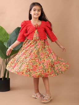 Kinder Kids - Green Printed Sleeveless Dress With Red Hakoba Jacket