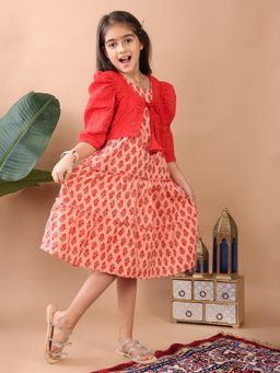 Kinder Kids - Peach Printed Sleeveless Dress With Red Hakoba Jacket