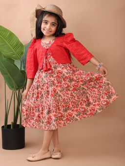 Kinder Kids - Peach Floral Printed Sleeveless Dress With Red Hakoba Jacket