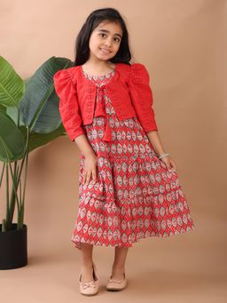Kinder Kids - Red Printed Sleeveless Dress With Red Hakoba Jacket