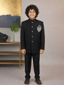devils n angels - Black Bandhgala Sherwani With Brooch And Trouser