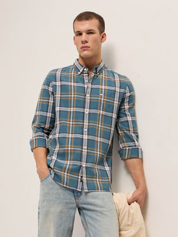The Bear House - Men Blue Slim Fit Checked Cotton Casual Shirt