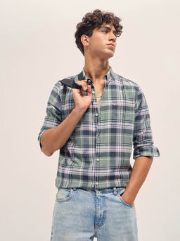 The Bear House - Men Green Slim Fit Checked Cotton Casual Shirt