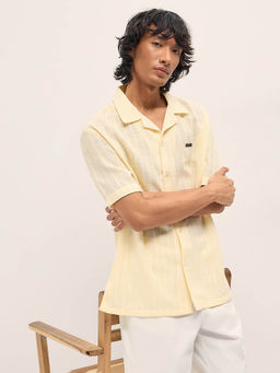 The Bear House - Men Cream Linen Striped Relax Fit Casual Shirt