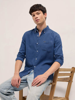 The Bear House - Men Blue Cotton Textured Slim Fit Casual Shirt