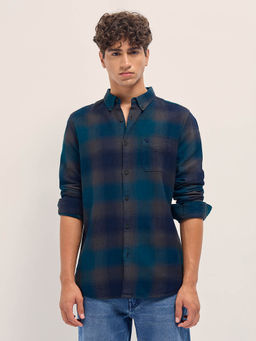 The Bear House - Men Blue Slim Fit Checked Cotton Casual Shirt
