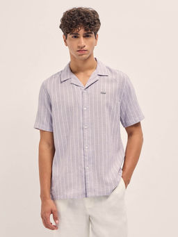 The Bear House - Men Grey Linen Striped Relax Fit Casual Shirt