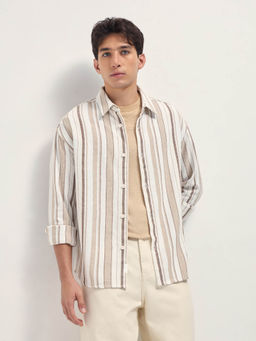 The Bear House - Men White Cotton Striped Relax Fit Overshirt