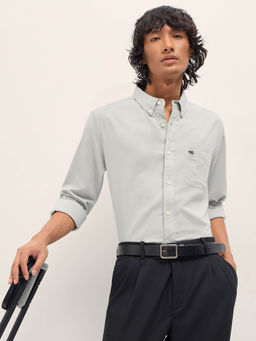 The Bear House - Men Grey Solid Cotton Linen Slim Fit Casual Shirt