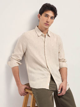 The Bear House - Men Beige Cotton Linen Solid Slim Fit Casual Shirt