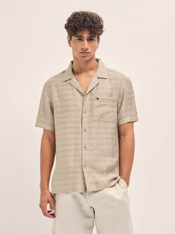 The Bear House - Men Beige Woven Textured Relax Fit Casual Shirt