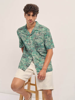 The Bear House - Men Green Abstract Cuban Collar Oversize Fit Casual Shirt