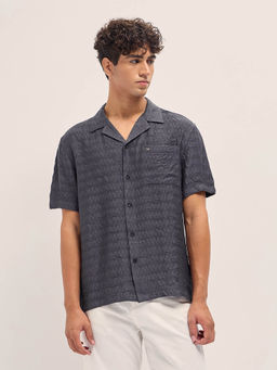 The Bear House - Men Grey Woven Textured Relax Fit Casual Shirt
