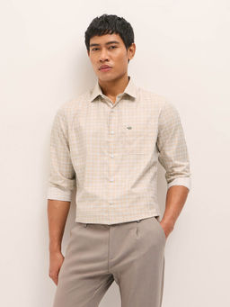 The Bear House - Men Beige Tailored Fit Checked Polycotton Formal Shirt