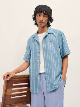 The Bear House - Men Blue Linen Striped Relax Fit Casual Shirt