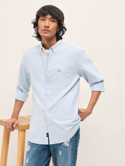 The Bear House - Men Blue Solid Pure Cotton Slim Fit Casual Shirt