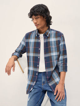 The Bear House - Men Blue Slim Fit Checked Cotton Casual Shirt