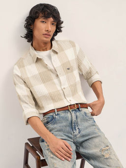 The Bear House - Men Beige Cotton Slim Fit Casual Shirt